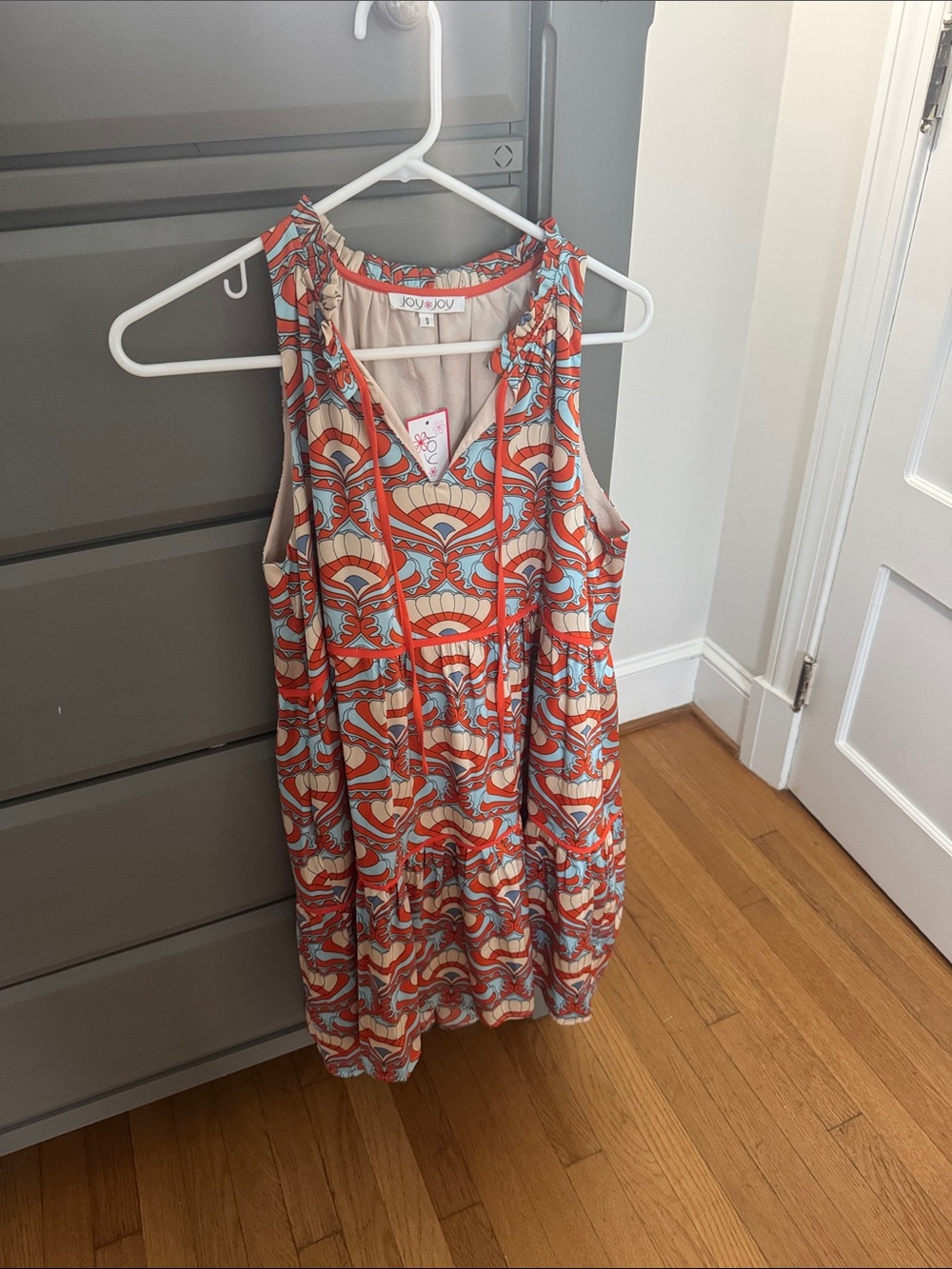 Joy Joy Coral and Light Blue Printed Sleeveless Dress